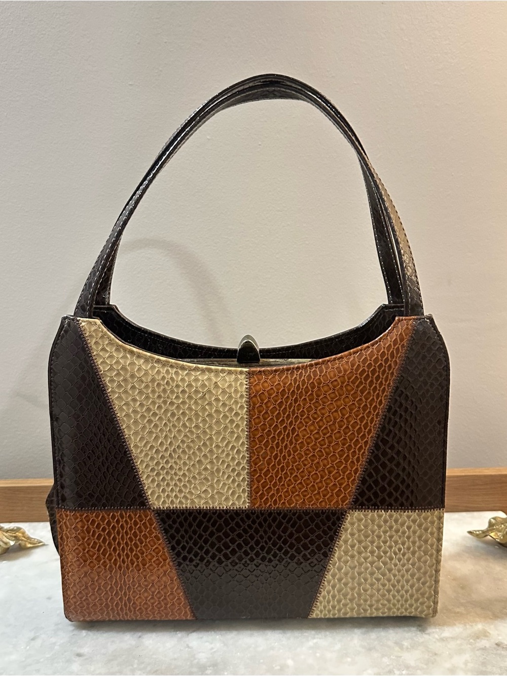Vintage 50s Handbag Three-Tone Patchwork - Brown/Cream